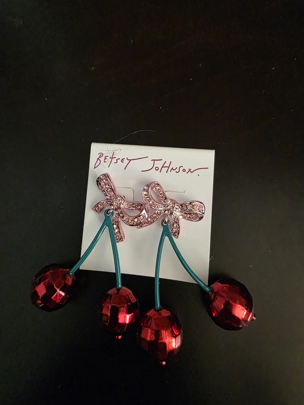 Betsey Johnson Red Cherry Earrings with Pink Crystal Bows
